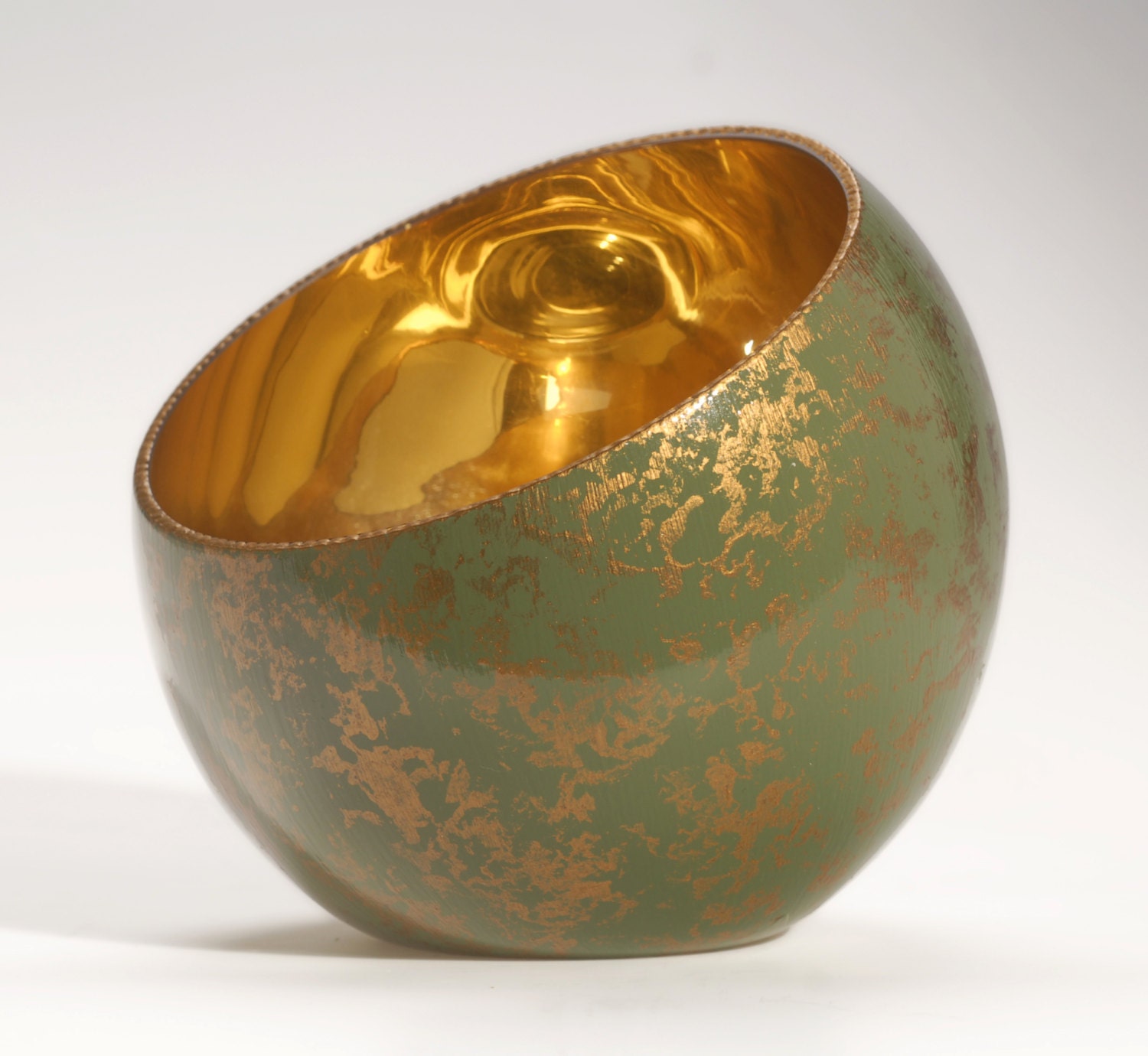 Slant Rim Glass Bowl Unique Glass Green and Gold Patina Bowl Etsy