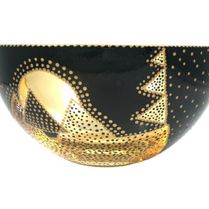 Gold and Black Glass Bowl Verre Eglomisé Glass Art 23 Karat Gold Leaf Hand Painted Engraved Design Gold and Black Tree Moon and star Design image 4