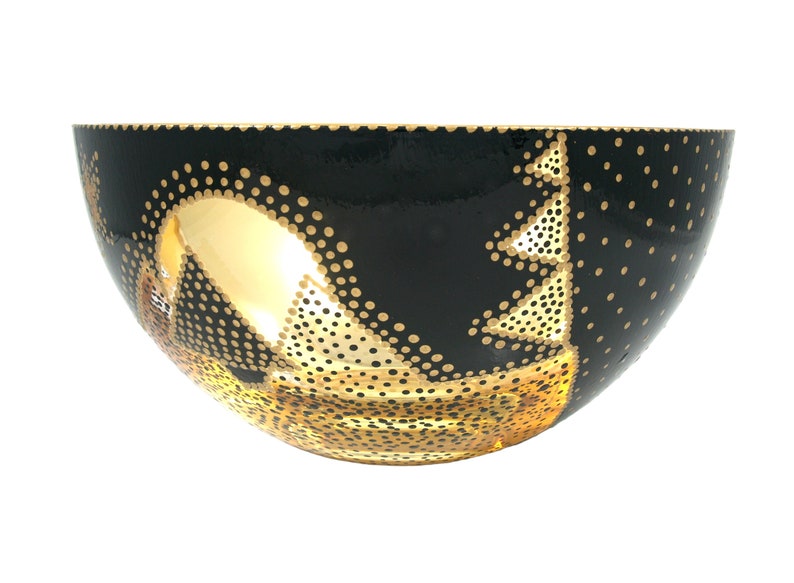 Gold and Black Glass Bowl Verre Eglomisé Glass Art 23 Karat Gold Leaf Hand Painted Engraved Design Gold and Black Tree Moon and star Design image 4