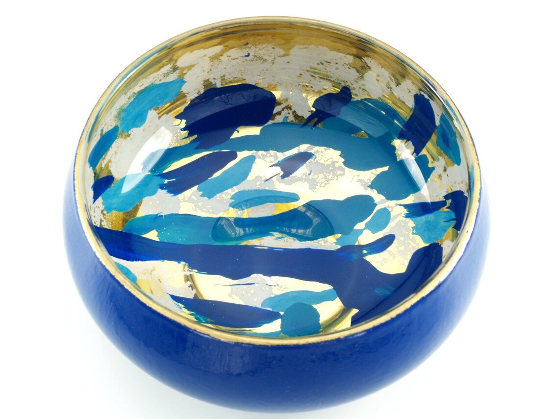 Blue and Gold Glass Bowl, Hand Gilded and Hand Painted, 23 Karat Gold