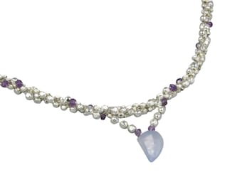 Sterling Silver and Amethyst Kumihimo Necklace with Chalcedony Pendent, Sterling Silver Faceted Beads, Braided Necklace and Blue Chalcedony