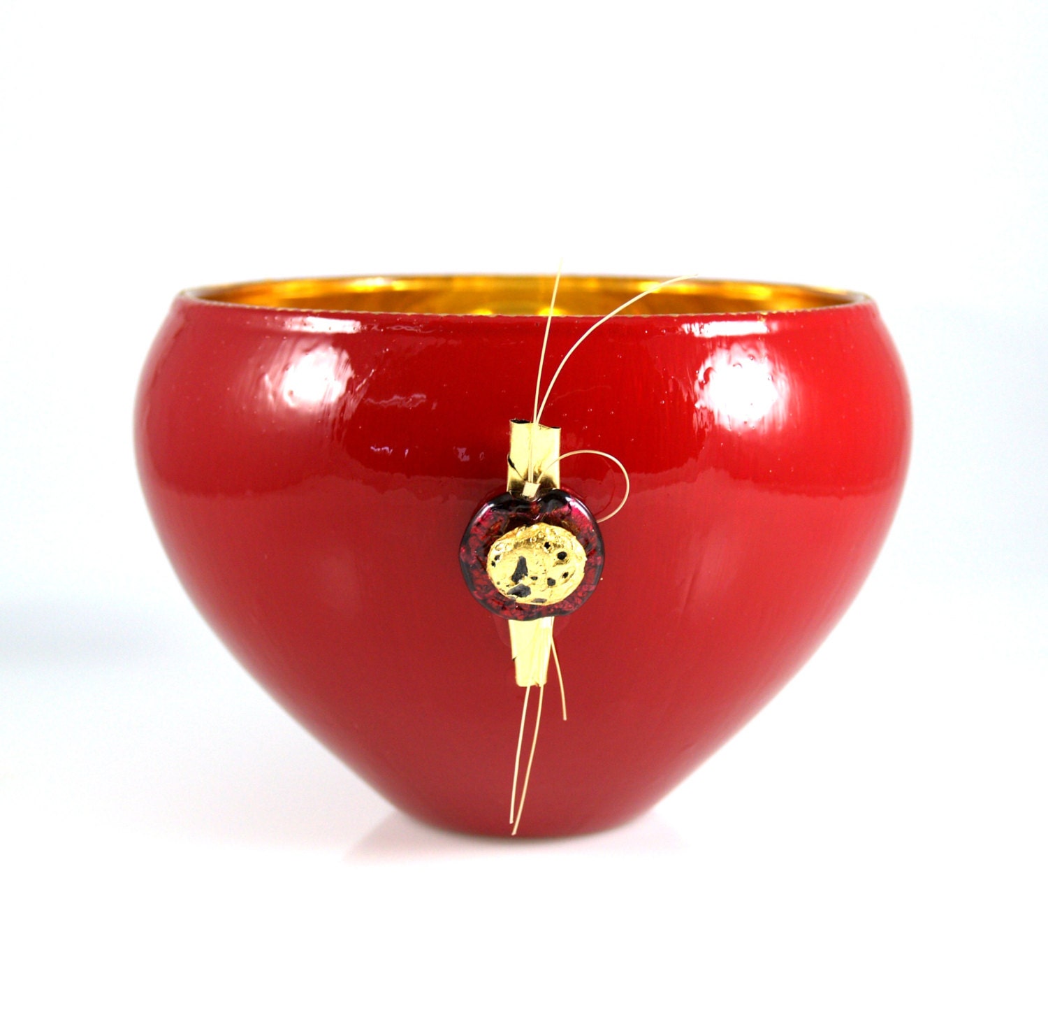 Verre Eglomisé Bowl, "Heart Fire", Hand-Gilded 23-Karat Gold Leaf, Hand-Painted on the Backside of Glass, Gilded Lava, Czech Glass, 5"x3"