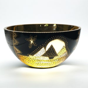 Gold and Black Glass Bowl Verre Eglomisé Glass Art 23 Karat Gold Leaf Hand Painted Engraved Design Gold and Black Tree Moon and star Design image 10