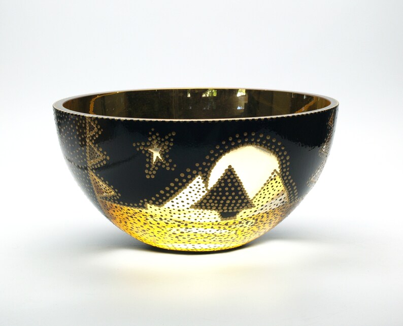 Gold and Black Glass Bowl Verre Eglomisé Glass Art 23 Karat Gold Leaf Hand Painted Engraved Design Gold and Black Tree Moon and star Design image 10