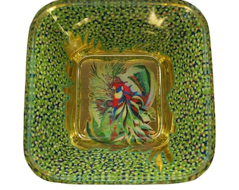 Tropical Parrot Glass Square Bowl, Verre Eglomisé Technique, Reverse Painting and Gold Gilding on Glass, Decorative Bowl, Home Décor Gift