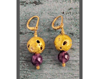 Amethyst and Gold Dangle Earrings, 23 karat gold on Lava stone, Smooth Round Amethysts, 14 Karat Gold Filled Lever Back Earring Wire