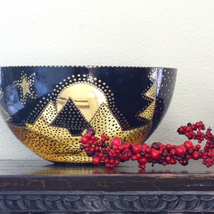 Gold and Black Glass Bowl Verre Eglomisé Glass Art 23 Karat Gold Leaf Hand Painted Engraved Design Gold and Black Tree Moon and star Design image 6