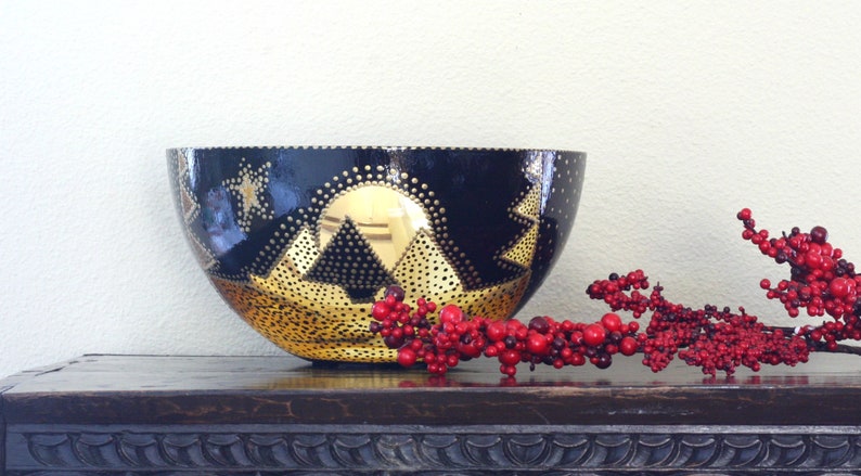 Gold and Black Glass Bowl Verre Eglomisé Glass Art 23 Karat Gold Leaf Hand Painted Engraved Design Gold and Black Tree Moon and star Design image 6