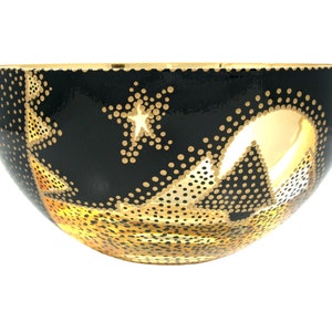 Gold and Black Glass Bowl Verre Eglomisé Glass Art 23 Karat Gold Leaf Hand Painted Engraved Design Gold and Black Tree Moon and star Design image 3