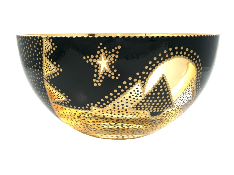 Gold and Black Glass Bowl Verre Eglomisé Glass Art 23 Karat Gold Leaf Hand Painted Engraved Design Gold and Black Tree Moon and star Design image 3