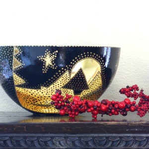 Gold and Black Glass Bowl Verre Eglomisé Glass Art 23 Karat Gold Leaf Hand Painted Engraved Design Gold and Black Tree Moon and star Design image 7