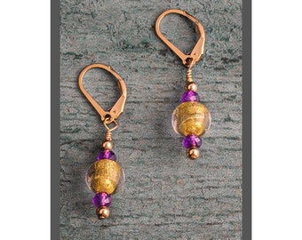 Sparkly Amethyst and Gold Lamp Work Glass Beads, Venetian Beads with Gold Foil, 14 Karat Gold Filled Lever Back Earring Wire with 1" Dangle