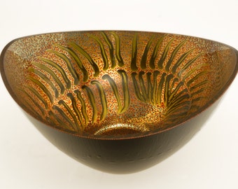 Cresent Oval Fern Gilded Gold and Black Glass Bowl, Eglomisé 23 Karat Gold Leaf, Hand Painted Fern Design Home Decor, Gilded Reverse Painted