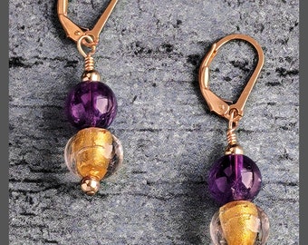 Enchanting Amethyst and Gold Earrings, Round Amethysts and Gold Venetian Lamp Work Glass Beads, 14 Karat Gold Filled Lever Back Earring Wire