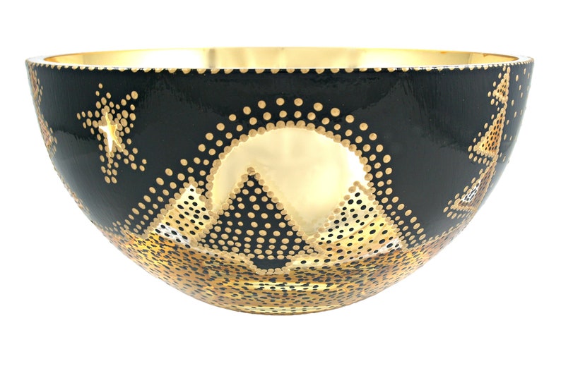 Gold and Black Glass Bowl Verre Eglomisé Glass Art 23 Karat Gold Leaf Hand Painted Engraved Design Gold and Black Tree Moon and star Design image 1