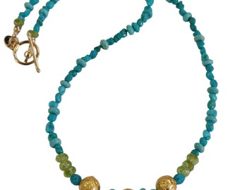 24 Karat Gold Leaf on Stone Turquoise Necklace with peridot bead accents, Three Gold Round Beads Centered, Turquoise is December Birthstone