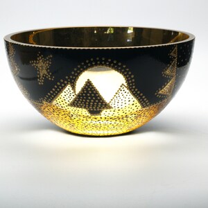 Gold and Black Glass Bowl Verre Eglomisé Glass Art 23 Karat Gold Leaf Hand Painted Engraved Design Gold and Black Tree Moon and star Design image 9