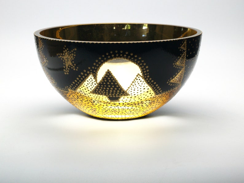 Gold and Black Glass Bowl Verre Eglomisé Glass Art 23 Karat Gold Leaf Hand Painted Engraved Design Gold and Black Tree Moon and star Design image 9