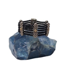 Barbara Bixby 925 Sterling Silver Multi-Row Black Leather Bracelet with White Topaz and Gold Tone Accents, Layered Design
