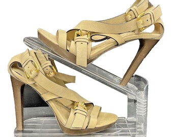 Auténticos zapatos de tacón de aguja con hebilla y tiras de piel color camel de Burberry para mujer, talla 8.5.
