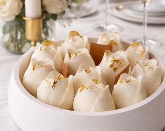 Tulip Candle Bowl, Handcrafted Plaster Vessel, Gold Foil Candles, Double Wood Wick, Minimal Home Decor