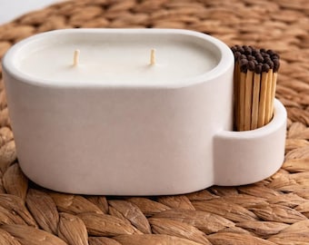 Oval Plaster Wood Wick Candle with Match Holder | Refillable Soy Wax Decor