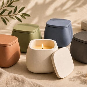 May include: Five square-shaped candle containers with rounded corners and matching lids, arranged in a group. The containers are colored in terracotta, olive green, slate blue, charcoal gray, and cream. One cream candle is lit with a visible flame.