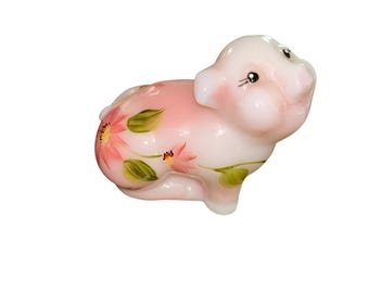 Fenton Pink Art Glass Juliet Pig Figurine Retired Hand Painted Floral Signed