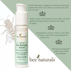 May include: A white bottle of bee naturals corrective pore refining serum with ceramides and CoQ10. The bottle is labeled with the product name, ingredients, and instructions for use. The bottle is sitting on a green and white background with text describing the benefits of the product.