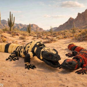 May include: Two handmade Gila monster sculptures rest on sand in a desert landscape. One is yellow and black, the other is red and black. The background features cacti and mountains under a blue sky.