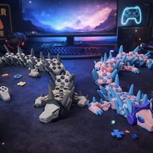 Gamer Dragon Articulated | 3D Printed Dragon Fidget Toy | Gaming Desk Decor | Controller Dragon | Adopt a Dragon | Gamer Gift