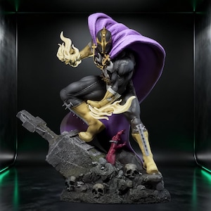 May include: A detailed figurine of a superhero in a dynamic pose, clad in a black and gray suit with gold accents. The figure wears a purple cape and a helmet with a gold cross. It stands on a base with skulls and a tombstone, holding a flaming object.