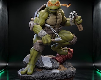 May include: A detailed figurine of Michelangelo from Teenage Mutant Ninja Turtles. The figure is green with an orange mask, holding nunchucks. It is posed on a rocky base with a red fire hydrant.