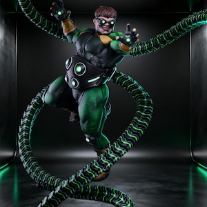 May include: A detailed figurine of a comic book villain, Dr. Octopus. The figure is in a dynamic pose, wearing a green and black suit with mechanical tentacles. The tentacles have a black and green striped design. The figure has a sinister grin.