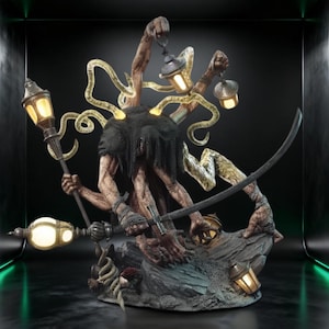 May include: A multi-armed creature figurine draped in a black cloth, holding several glowing lanterns and a long curved sword. The figure features pale, textured skin, multiple tentacles extending from its back, and stands on a rocky base.