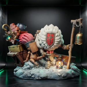 May include: A detailed figurine featuring a small wooden figure with a box head and pink hair sitting beside a large, white-furred creature with a glowing red shield on its chest. The scene includes a wooden staff with a bell, lanterns, and crates.