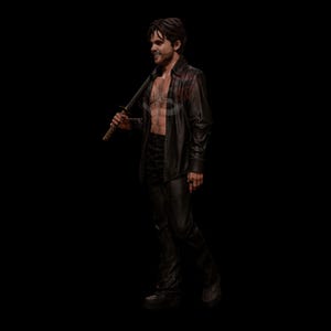 May include: A figure in a black leather jacket and pants, holding a katana sword. The jacket is unbuttoned, revealing a bare chest. The figure is smiling, with dark hair and a serious expression. The background is black.