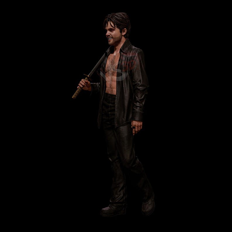 May include: A figure in a black leather jacket and pants, holding a katana sword. The jacket is unbuttoned, revealing a bare chest. The figure is smiling, with dark hair and a serious expression. The background is black.