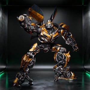 May include: A detailed, golden-yellow and black robot figure in a dynamic pose, with a weapon extended. The robot has intricate mechanical details and is set against a dark, reflective background, suggesting a futuristic theme.
