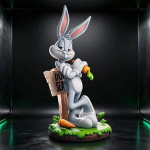 Puede incluir: Una figura de Bugs Bunny, sosteniendo una zanahoria y posando con confianza. El conejo gris y blanco está sobre una base verde con un letrero de madera que dice "DU SEA". Otra zanahoria está en la base.