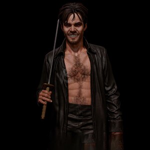 May include: A figure of a man with dark hair and a sinister grin, holding a sword. He wears a black leather coat and pants, with his chest exposed. The background is solid black.