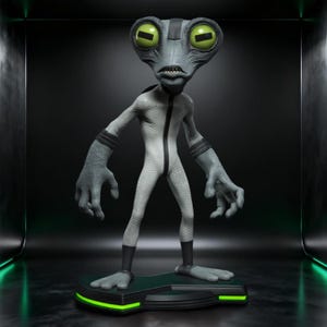 May include: A gray alien figure with large green eyes and a textured white jumpsuit. The figure stands on a black and green platform with glowing green accents. The alien has gray arms and hands, and black bands on the arms and legs.