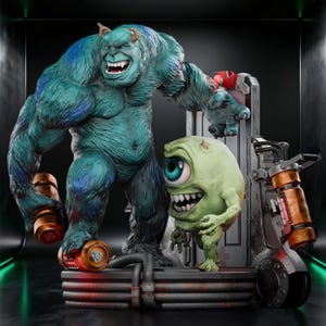 May include: A detailed sculpture featuring the characters Sully and Mike from the animated film Monsters, Inc. Sully, a large blue monster, stands next to Mike, a green one-eyed monster. The sculpture includes a scooter and industrial-themed elements.