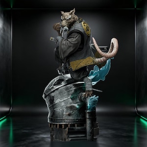 May include: A detailed statue of a rat-like humanoid figure in a seated pose, wearing a dark gray and yellow outfit with a sword. The figure is perched atop a metallic structure with blue accents, set against a dark background.