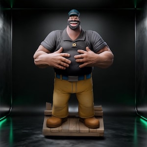 May include: A detailed statue of a smiling, muscular man wearing a gray polo shirt, yellow pants, and a blue cap. The figure has a dark beard and is standing on a wooden platform. The statue's hands are placed on its stomach.
