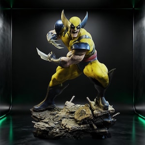 May include: A detailed figurine of Wolverine in a dynamic pose, featuring a yellow and black costume with claws extended. The figure stands on a rocky base, showcasing intricate details and a fierce expression.