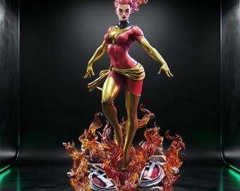 May include: A detailed statue of a female superhero in a dynamic pose, standing atop a fiery base. The figure is clad in a red and gold costume, with fiery red hair. The base features the X-Men logo.
