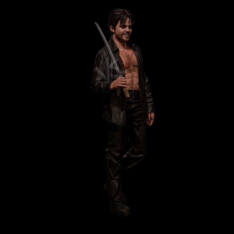 May include: A figure in a black leather jacket and pants, holding a katana sword. The figure has dark hair and is smiling. The background is solid black.