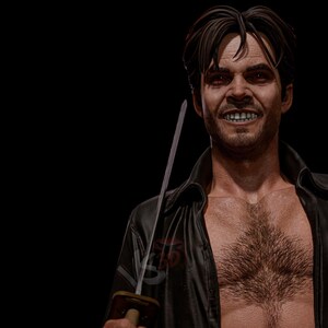 May include: A detailed, close-up image of a man with dark hair and red eyes, holding a sword. He wears a black leather jacket, unbuttoned to reveal a hairy chest. The background is solid black, emphasizing the figure's intense expression.