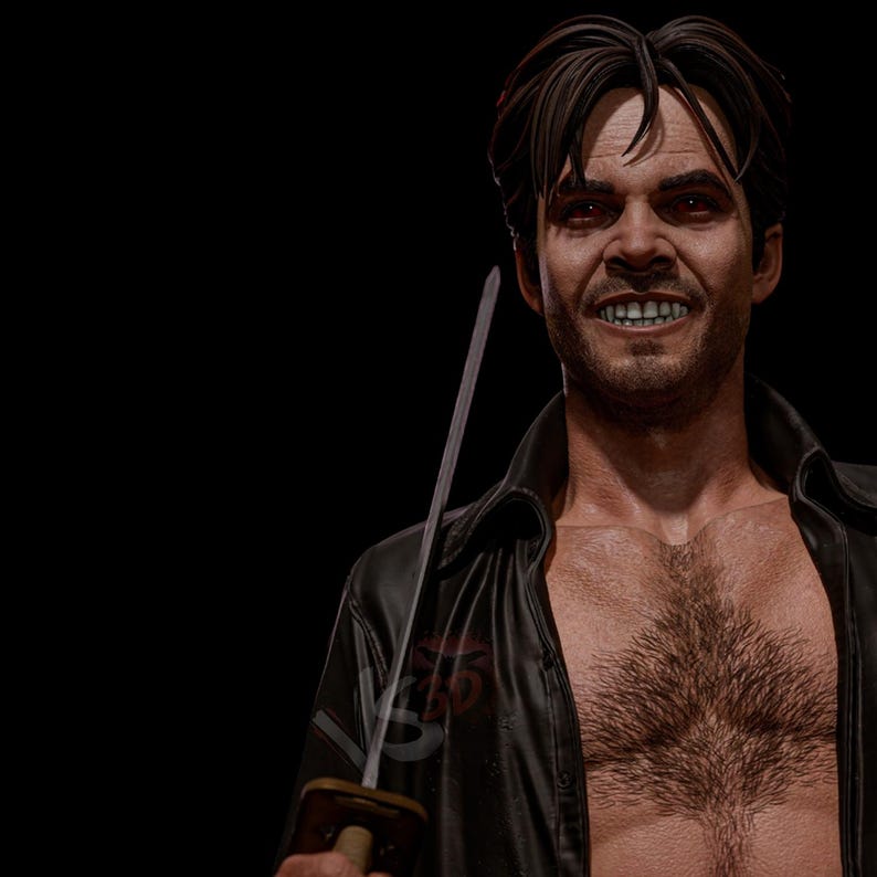 May include: A detailed, close-up image of a man with dark hair and red eyes, holding a sword. He wears a black leather jacket, unbuttoned to reveal a hairy chest. The background is solid black, emphasizing the figure's intense expression.